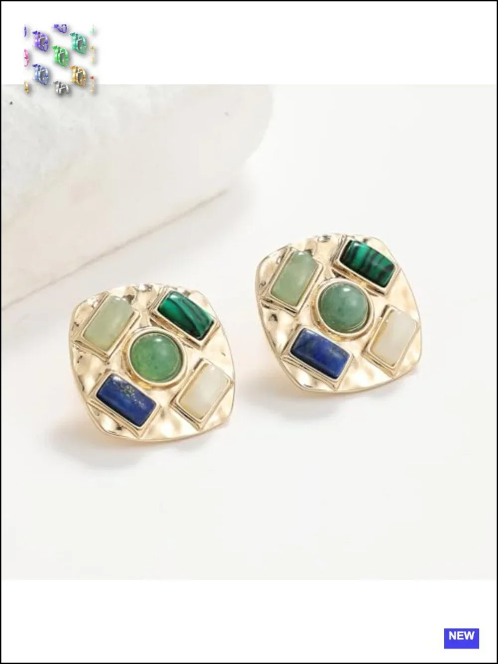 Gold Tone Square Stud Earrings Multicolor Gemstone Geometric Statement Jewelry